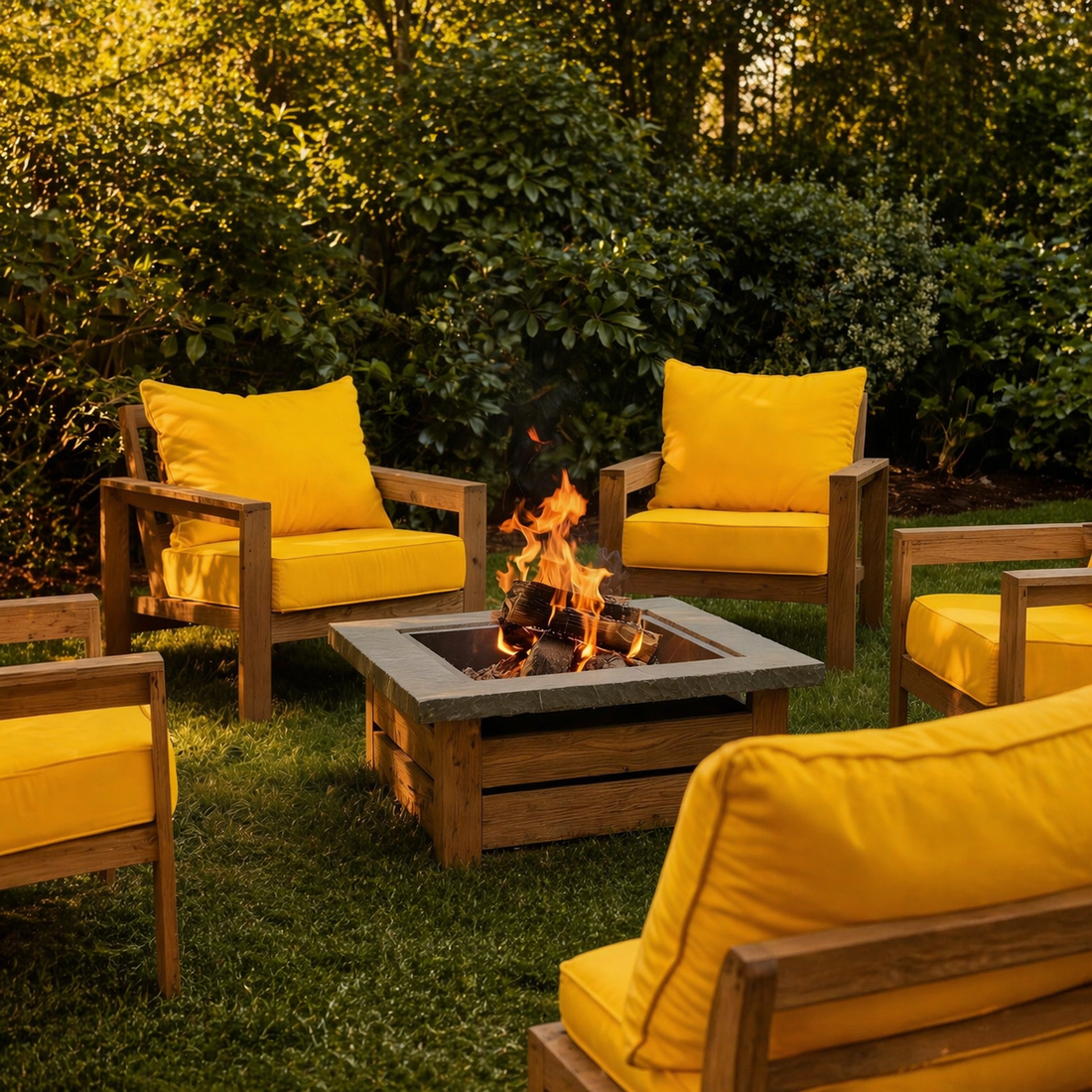Yellow outdoor cushions on patio chairs around a fire pit, creating a cozy backyard seating area for outdoor living.