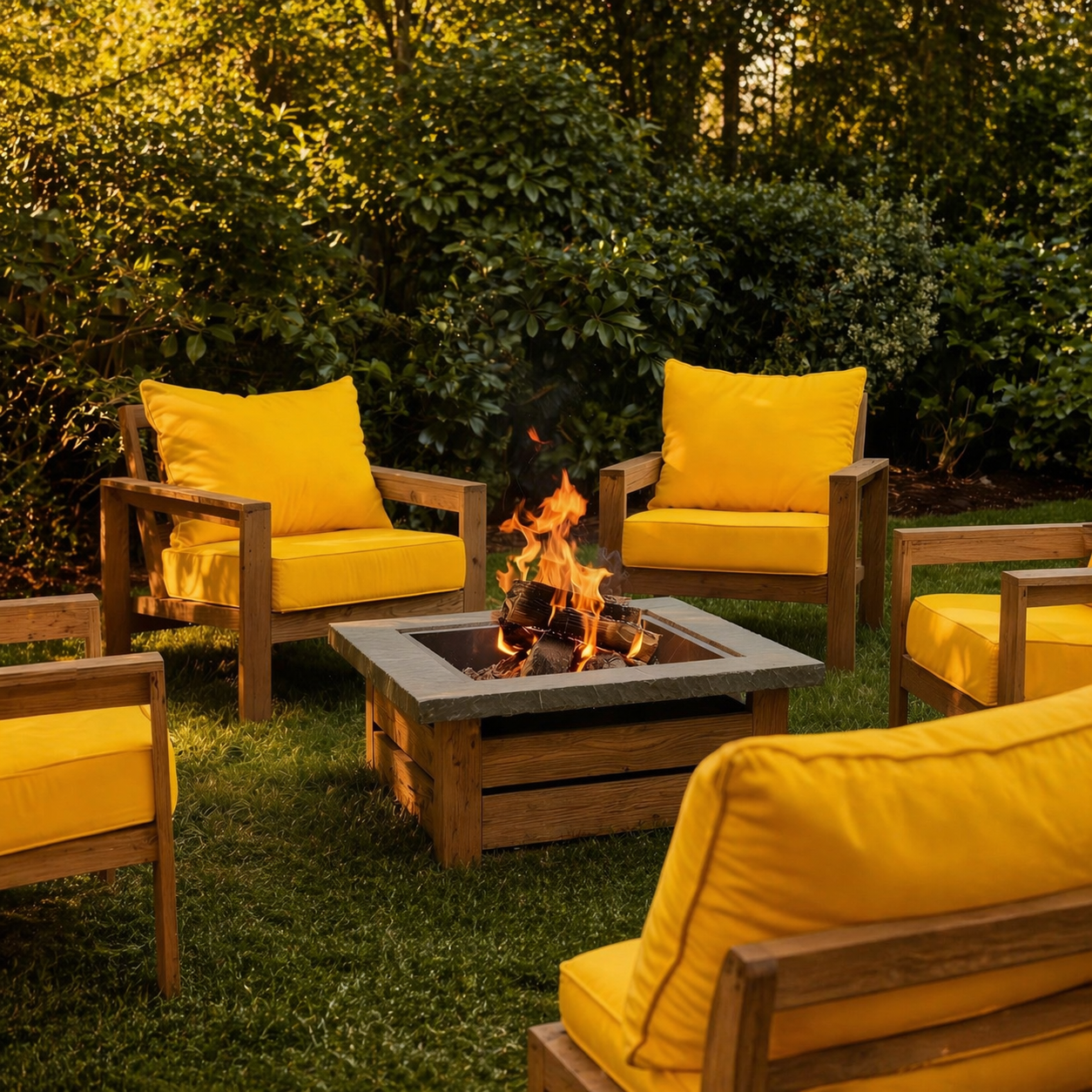 Yellow outdoor cushions on patio chairs around a fire pit, creating a cozy backyard seating area for outdoor living.