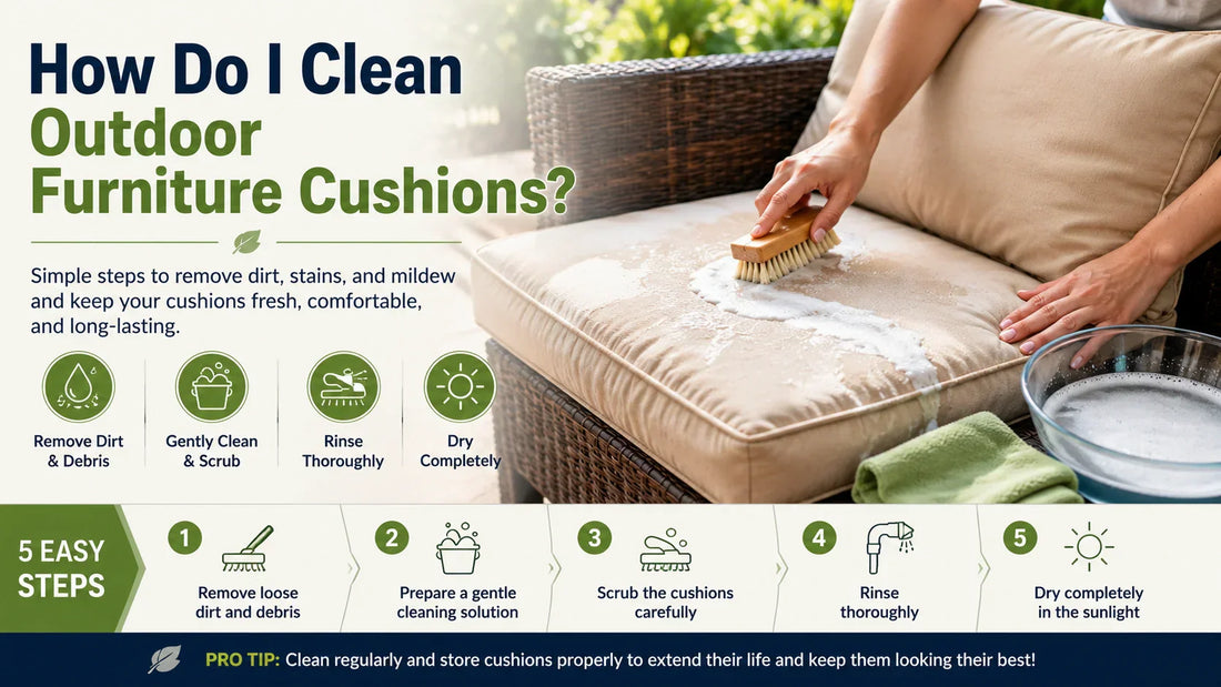 How do I clean outdoor furniture cushions with simple washing, rinsing, drying, and maintenance steps