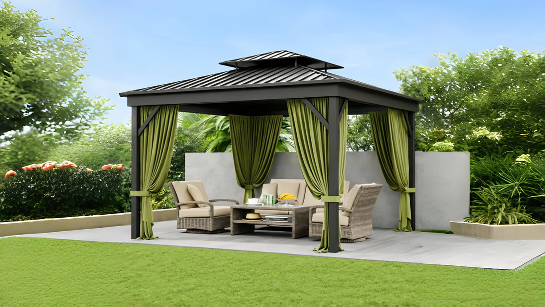 Outdoor pergola with green curtains, patio furniture, and garden shade setup
