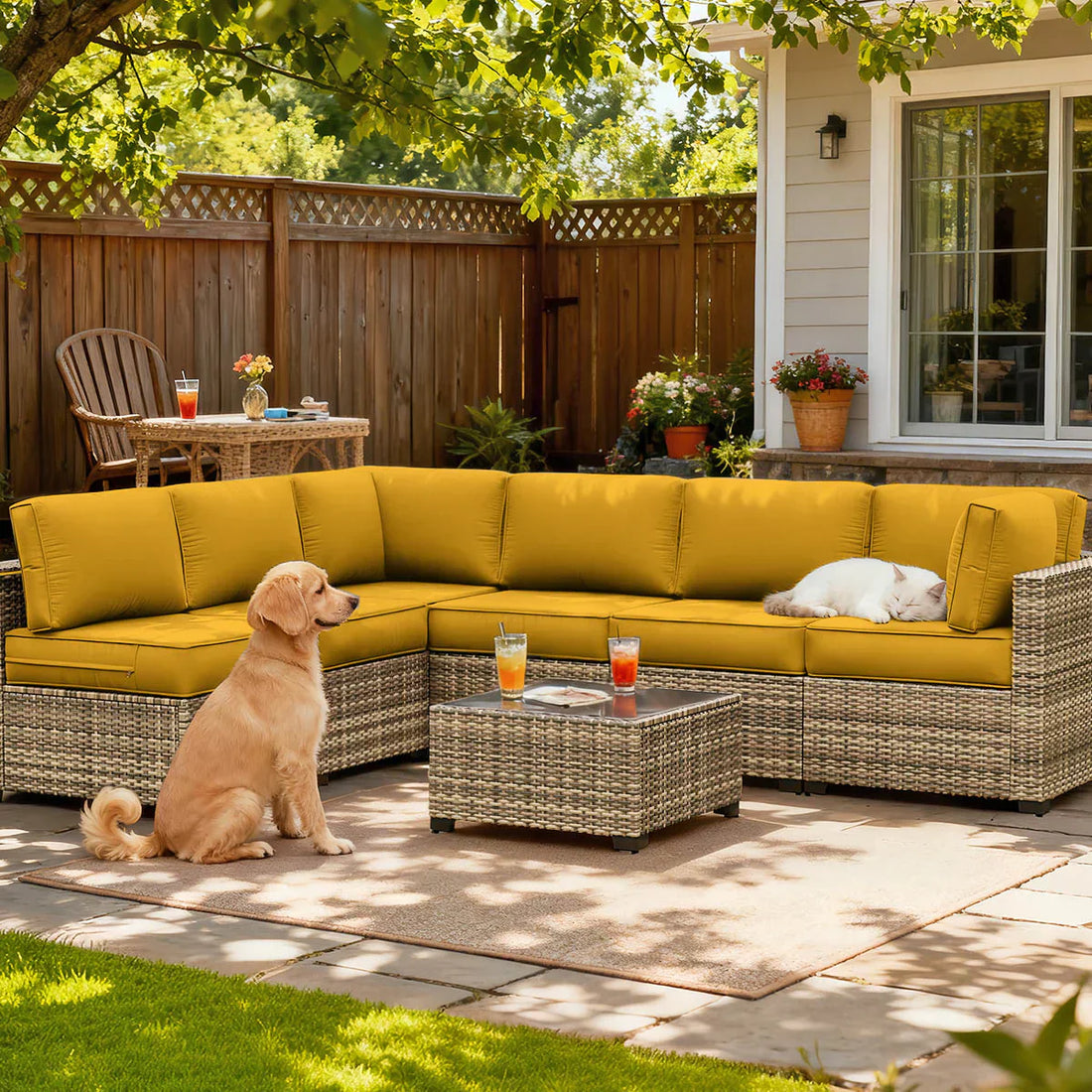 Pet-friendly patio cushions on an outdoor sectional sofa with a dog and cat relaxing in a backyard patio space