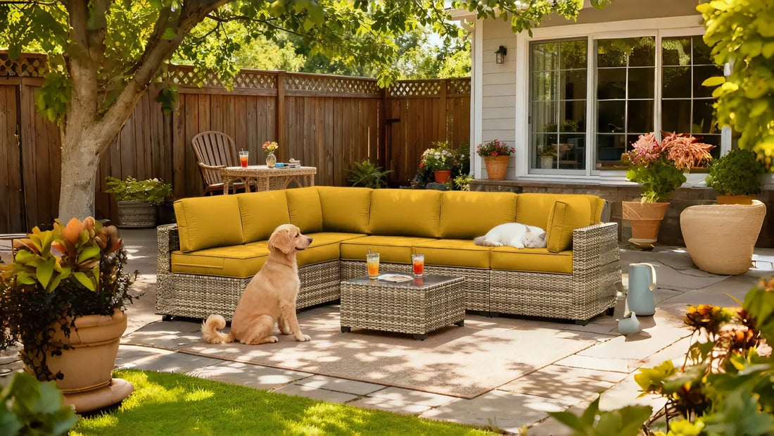 Pet-friendly patio cushions on an outdoor sectional sofa with a dog and cat relaxing in a backyard patio space