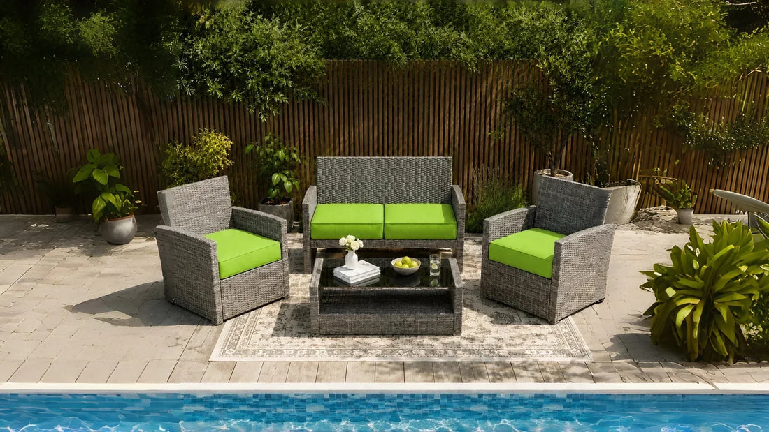 Modern grey rattan patio conversation set with weather-resistant lime green seat cushions, perfect for outdoor backyard living.