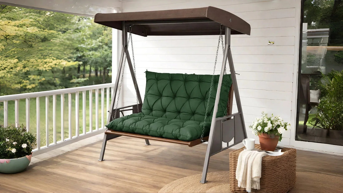 Green outdoor swing cushions on a patio porch swing, perfect for comfortable outdoor living, relaxing on the deck, and refreshing backyard seating.