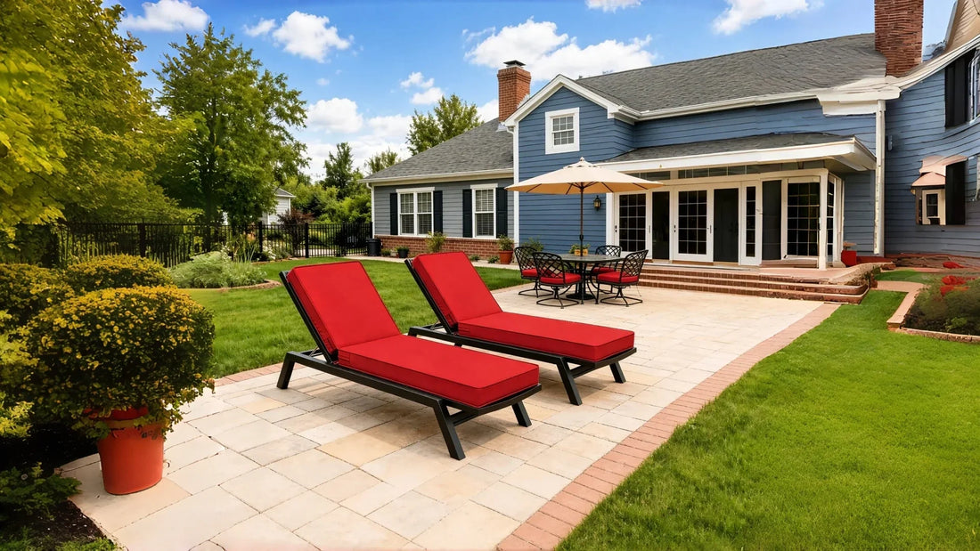 Red chaise lounge cushions beside a swimming pool, perfect for comfortable outdoor patio relaxation.