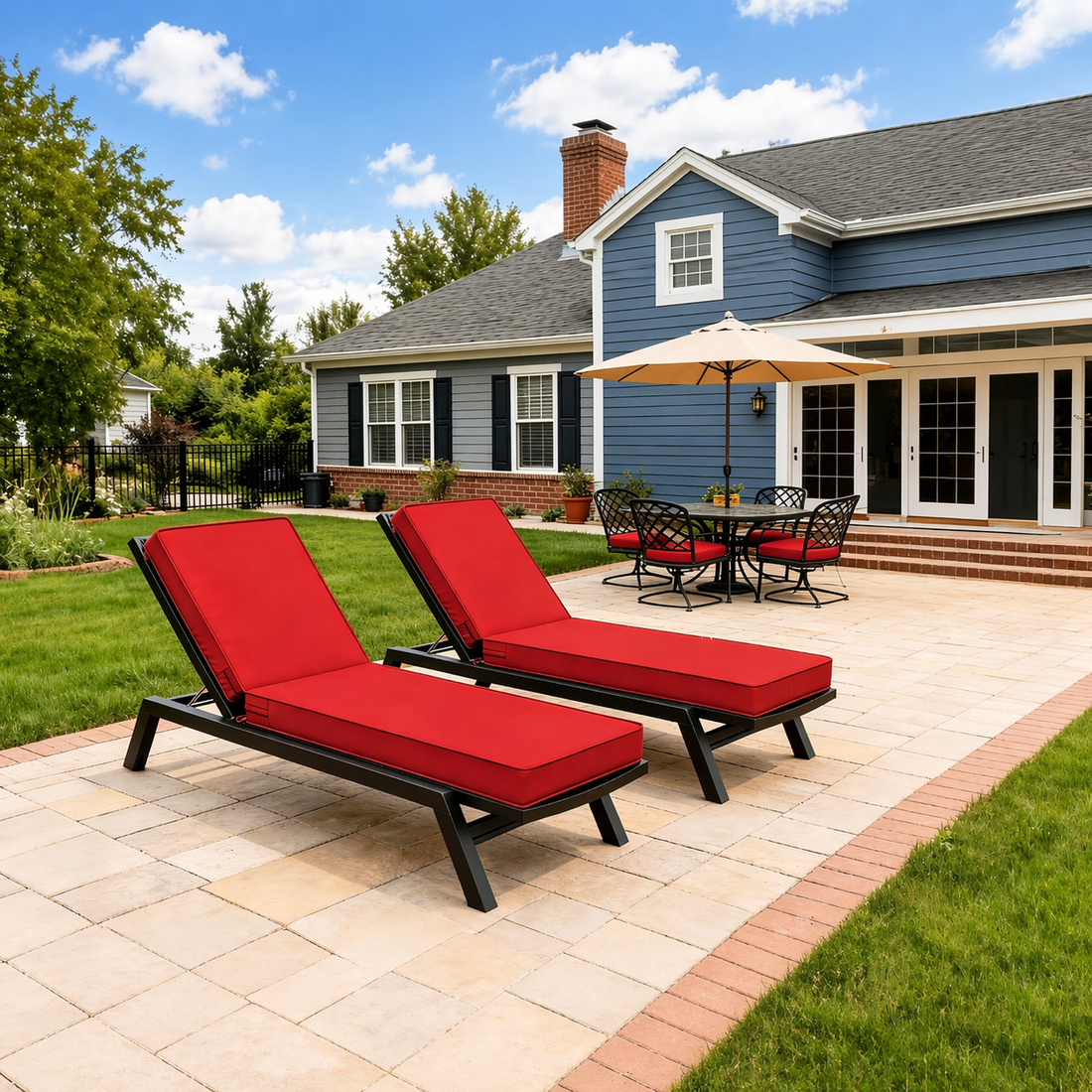Red chaise lounge cushions beside a swimming pool, perfect for comfortable outdoor patio relaxation.