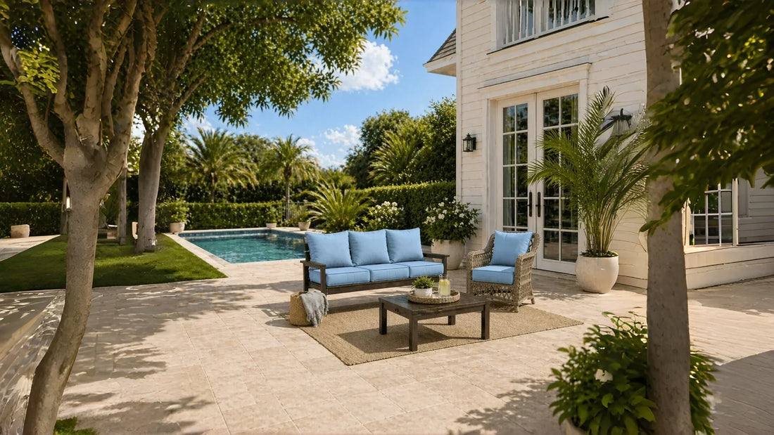 Blue outdoor cushions on patio sofa and chair beside a pool, designed for a relaxing backyard lounge space.