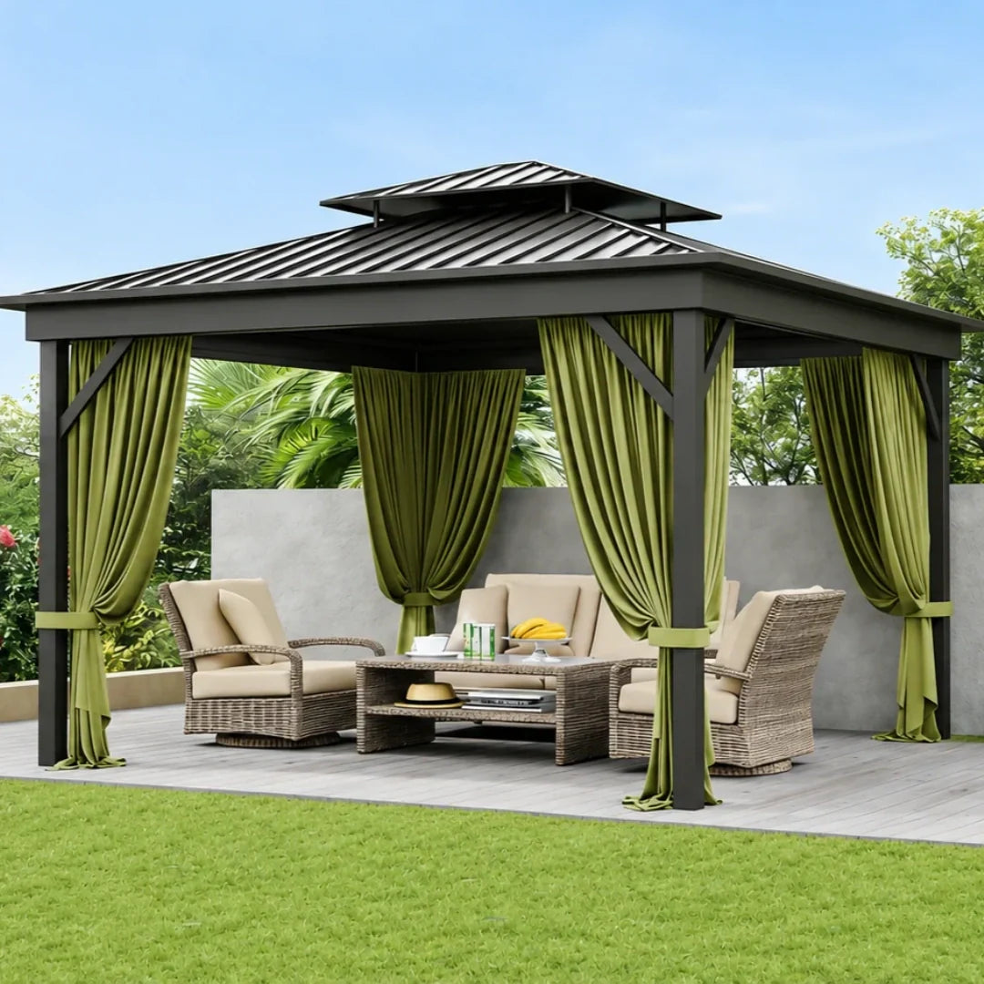 Outdoor pergola with green curtains, patio furniture, and garden shade setup