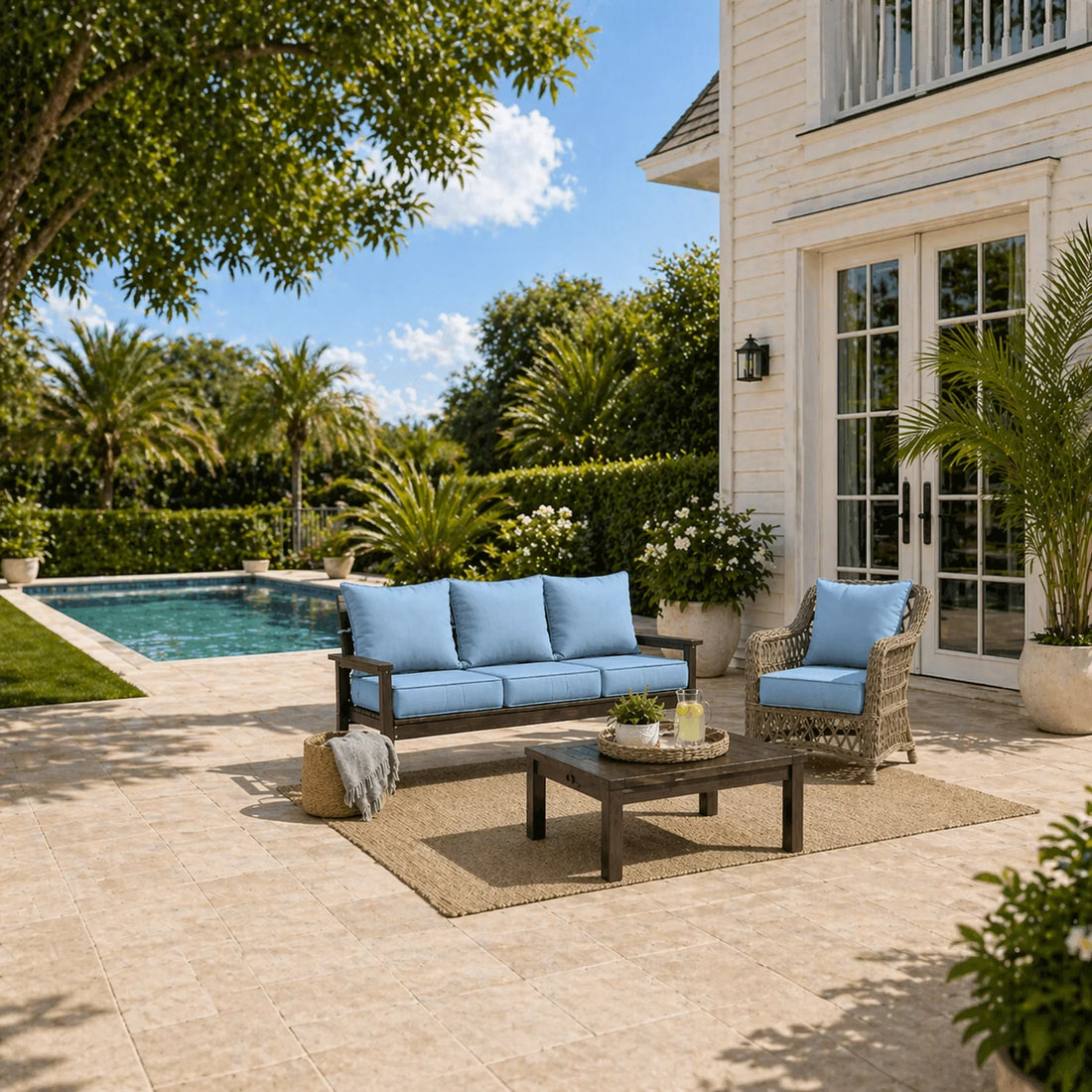 Blue outdoor cushions on patio sofa and chair beside a pool, designed for a relaxing backyard lounge space.