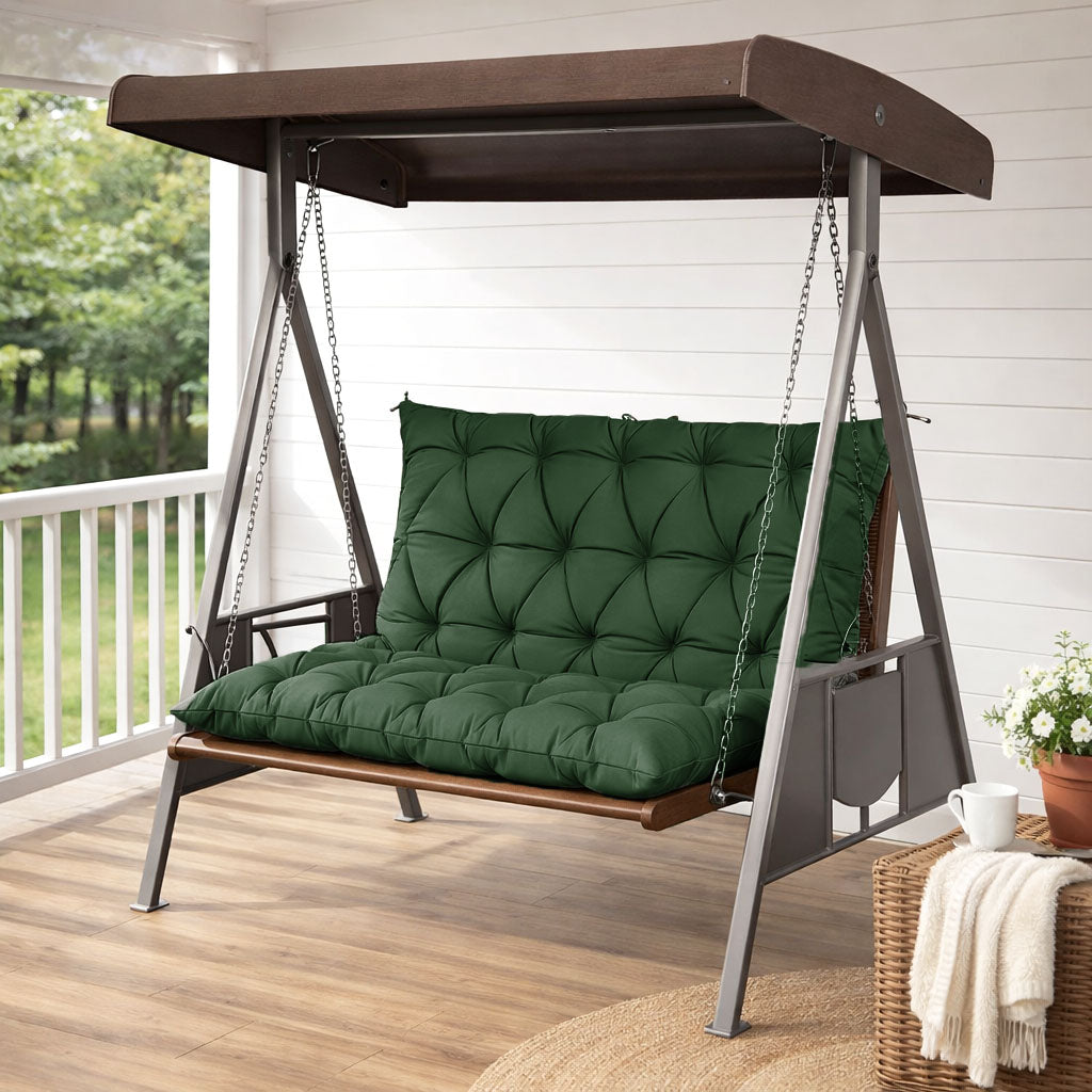 Green outdoor swing cushions on a patio porch swing, perfect for comfortable outdoor living, relaxing on the deck, and refreshing backyard seating.