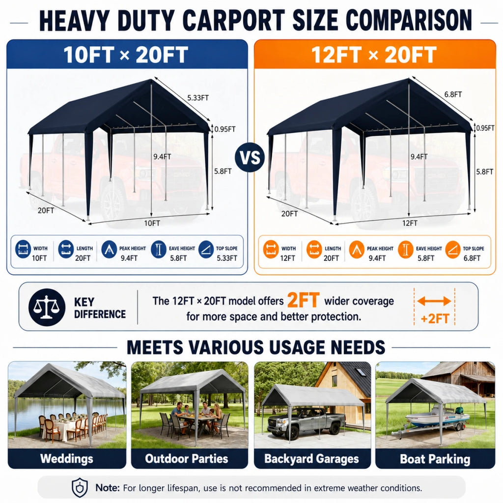 Heavy duty carport size comparison for 10ft x 20ft and 12ft x 20ft carport covers with wider coverage options.