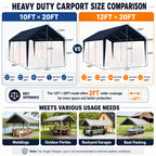 Heavy duty carport size comparison for 10ft x 20ft and 12ft x 20ft carport covers with wider coverage options.