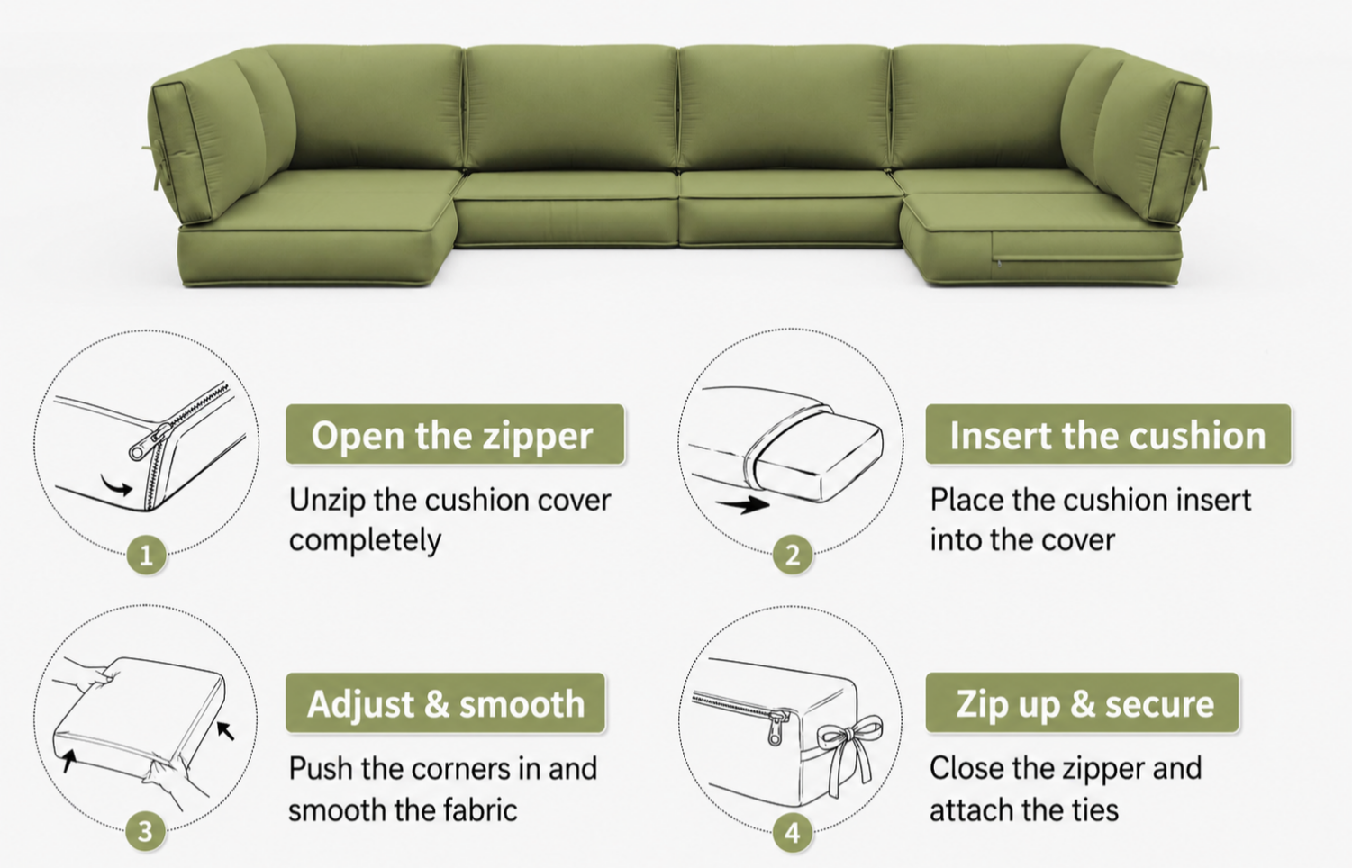 Four-step installation guide for 14-piece olive green outdoor sectional cushion covers, showing how to open the zipper, insert the cushion, smooth the fabric, and secure the zipper and ties.