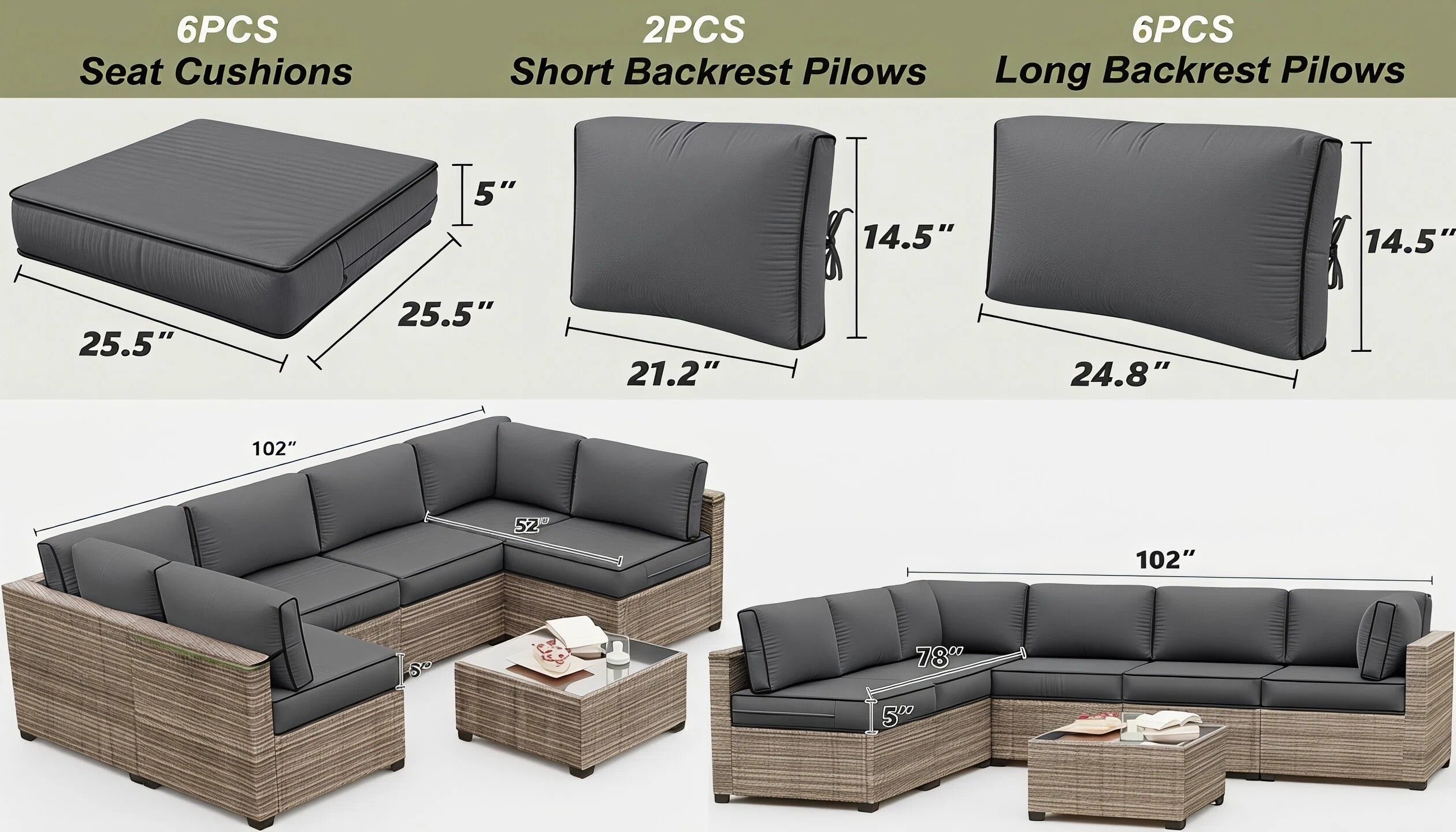 14-piece gray sectional patio cushion set with six seat cushions, two short backrest pillows, six long backrest pillows, and labeled dimensions for wicker patio furniture.