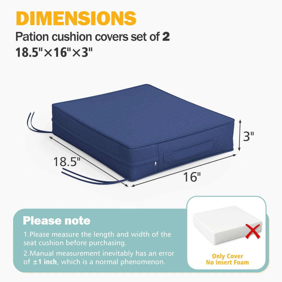 Blue outdoor patio cushion cover set of 2 measuring 17x16x2 inches, suitable for chair cushions, waterproof and fade-resistant, only cover no foam.