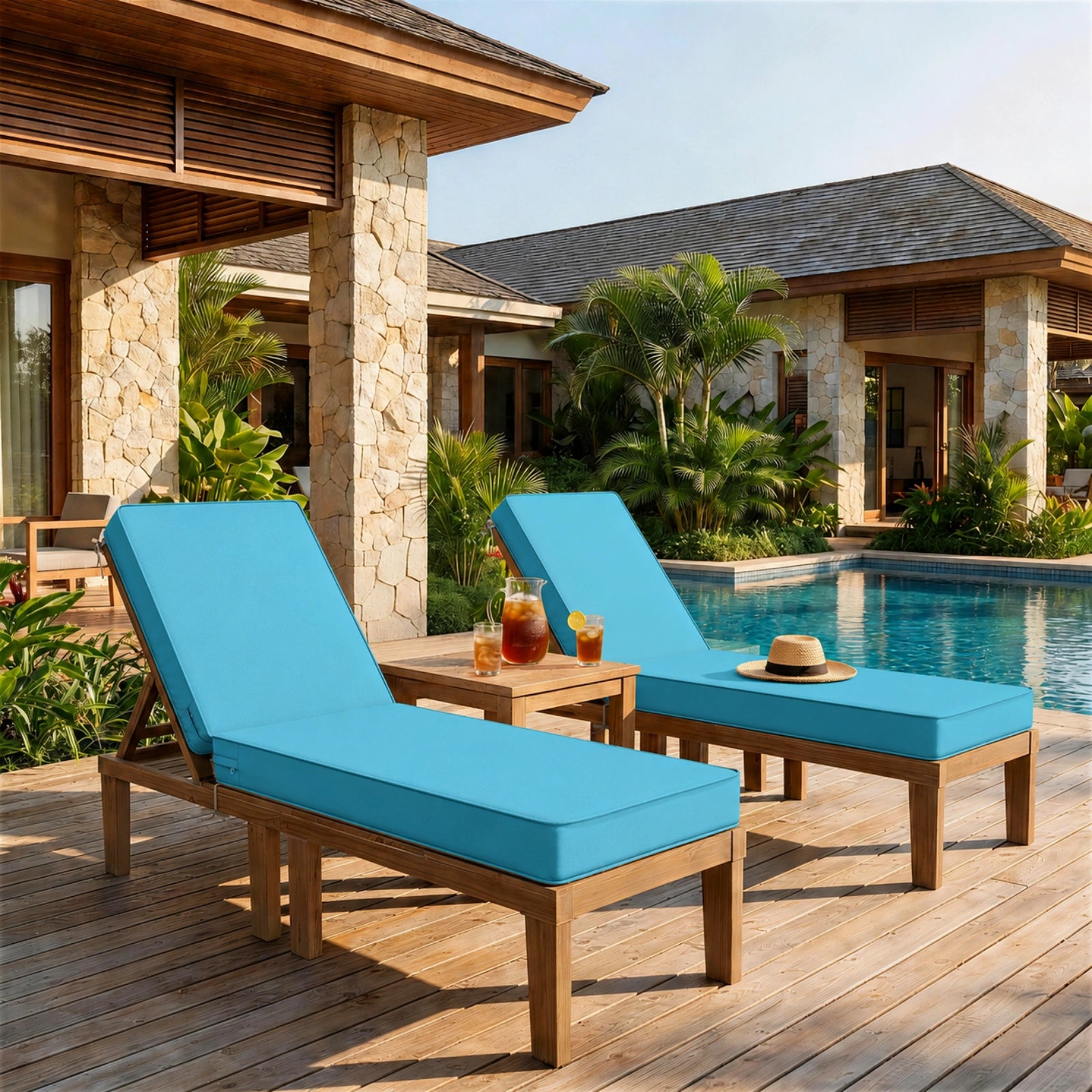 2 Pack Outdoor Chaise Lounge Cushions-Aqua Blue