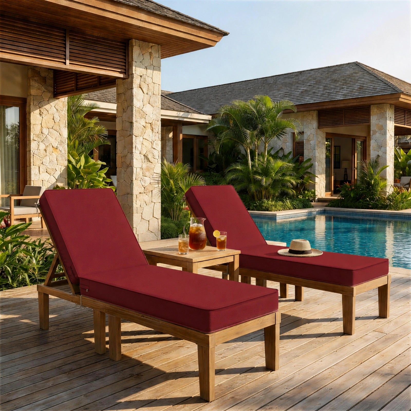 2 Pack Outdoor Chaise Lounge Cushions-Burgundy