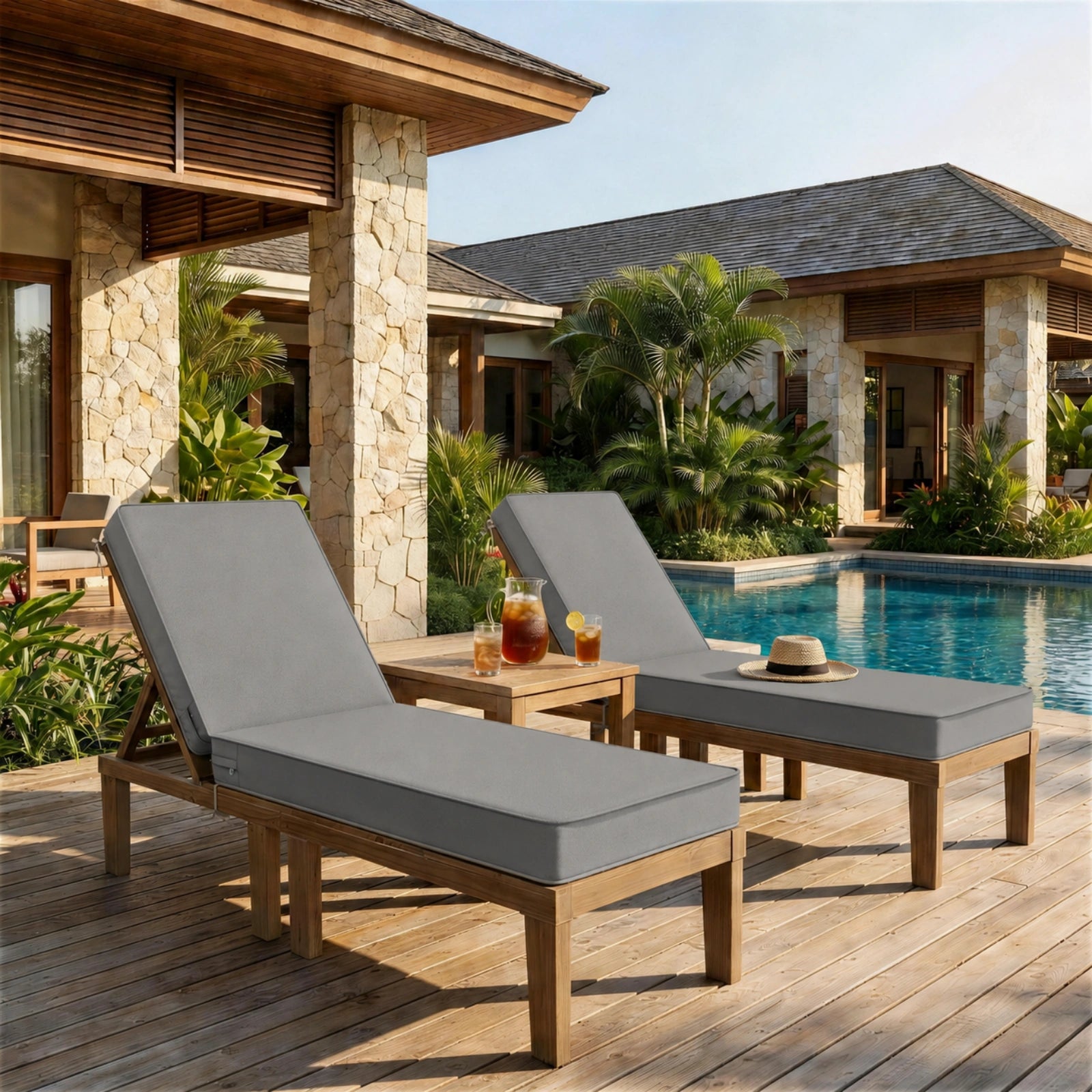 2 Pack Outdoor Chaise Lounge Cushions-Light Gray