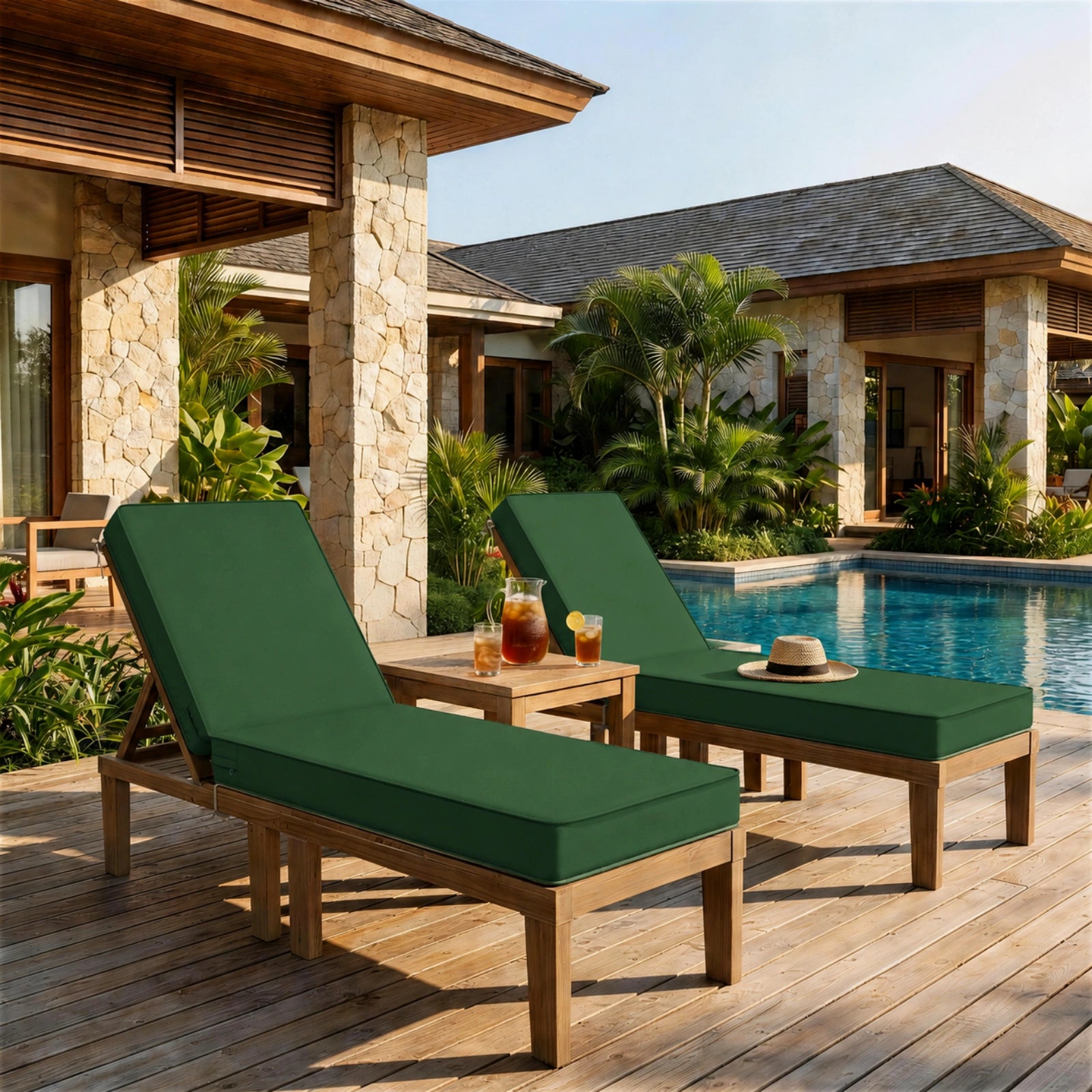 2 Pack Outdoor Chaise Lounge Cushions-Olive Green