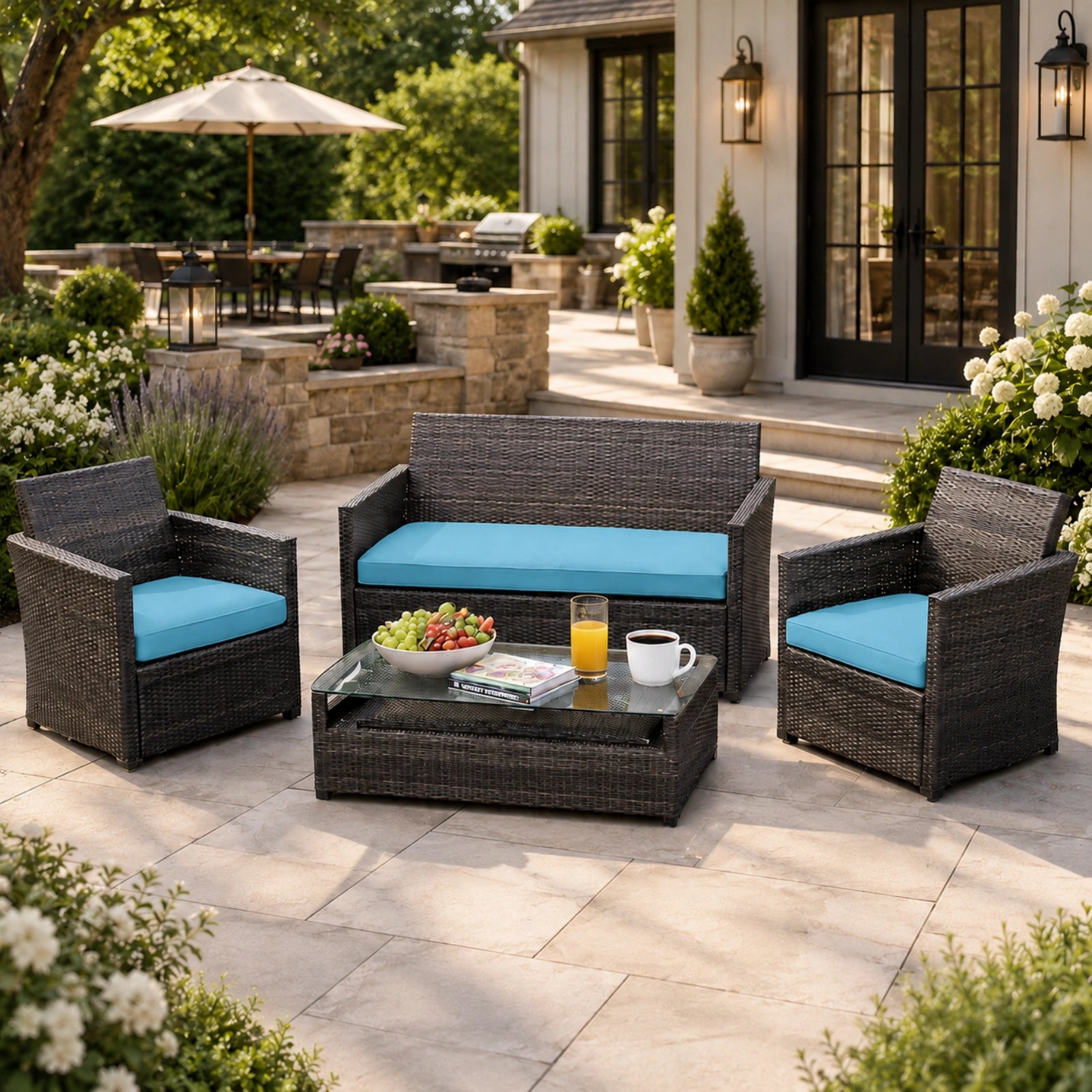3PCS Patio Seat Cushion Set-Aqua Blue-