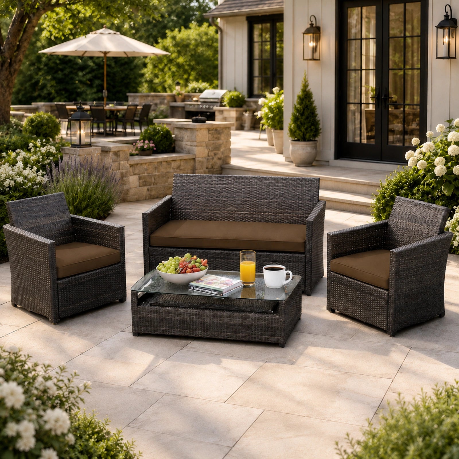 3PCS Patio Seat Cushion Set-Brown-