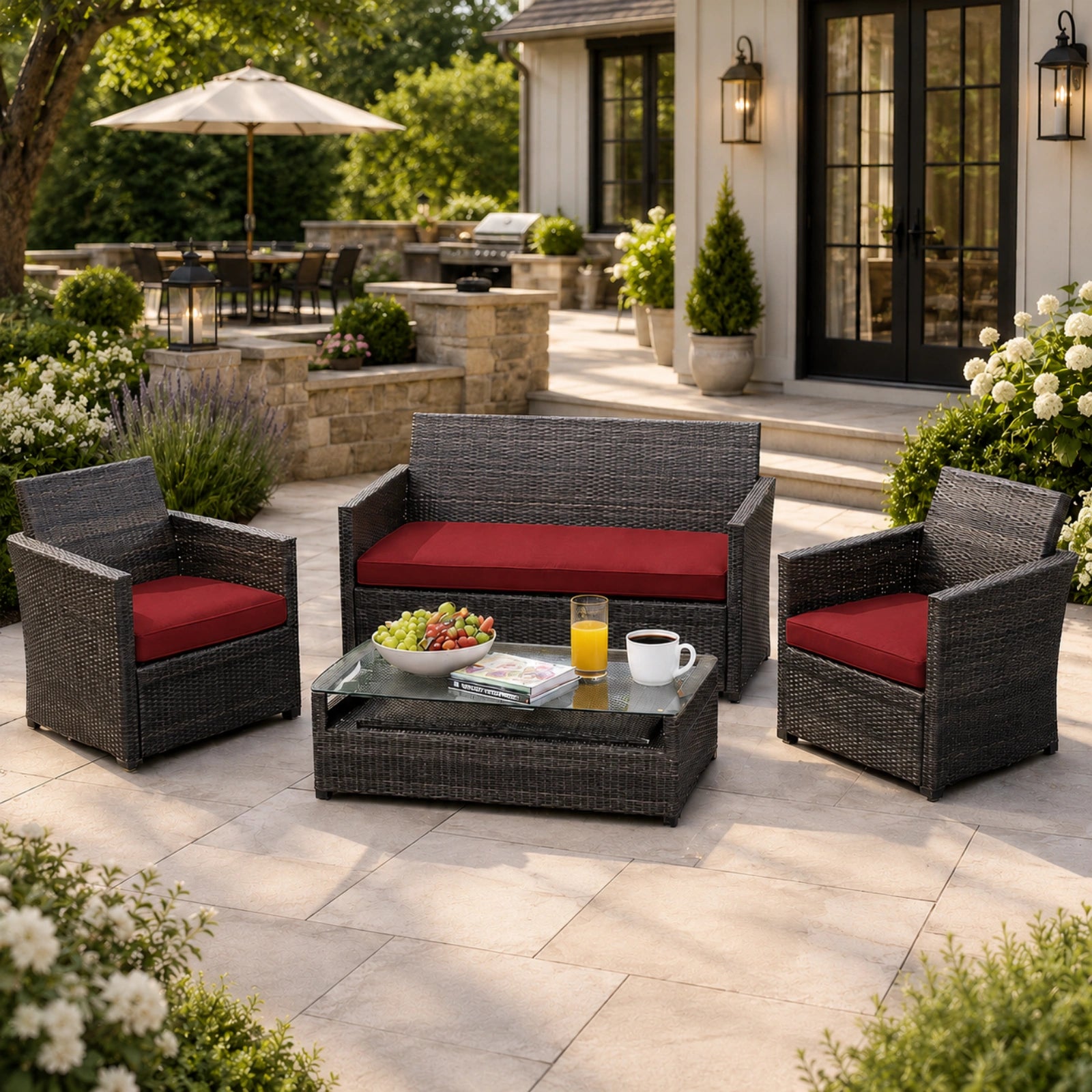 3PCS Patio Seat Cushion Set-Burgundy-