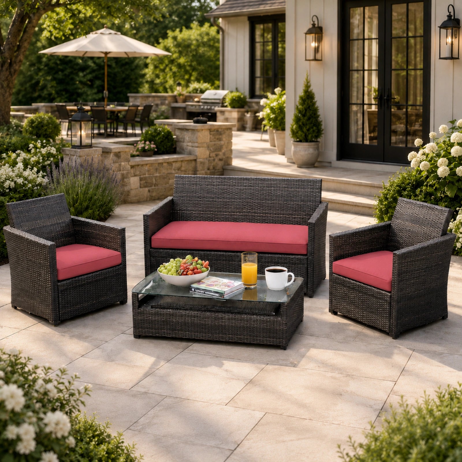 3PCS Patio Seat Cushion Set-Pink-