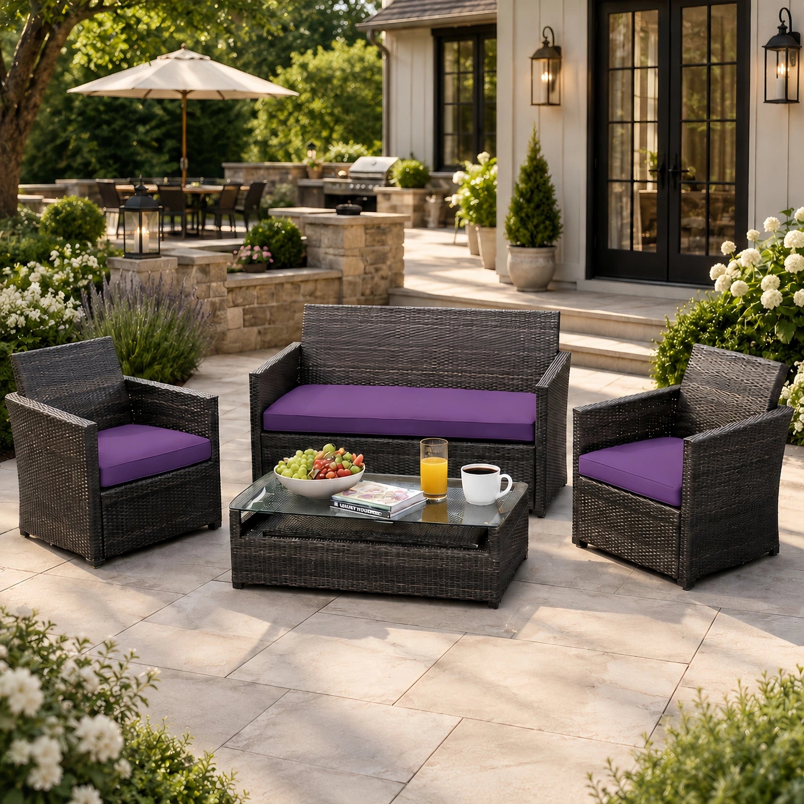 3PCS Patio Seat Cushion Set-Purple-