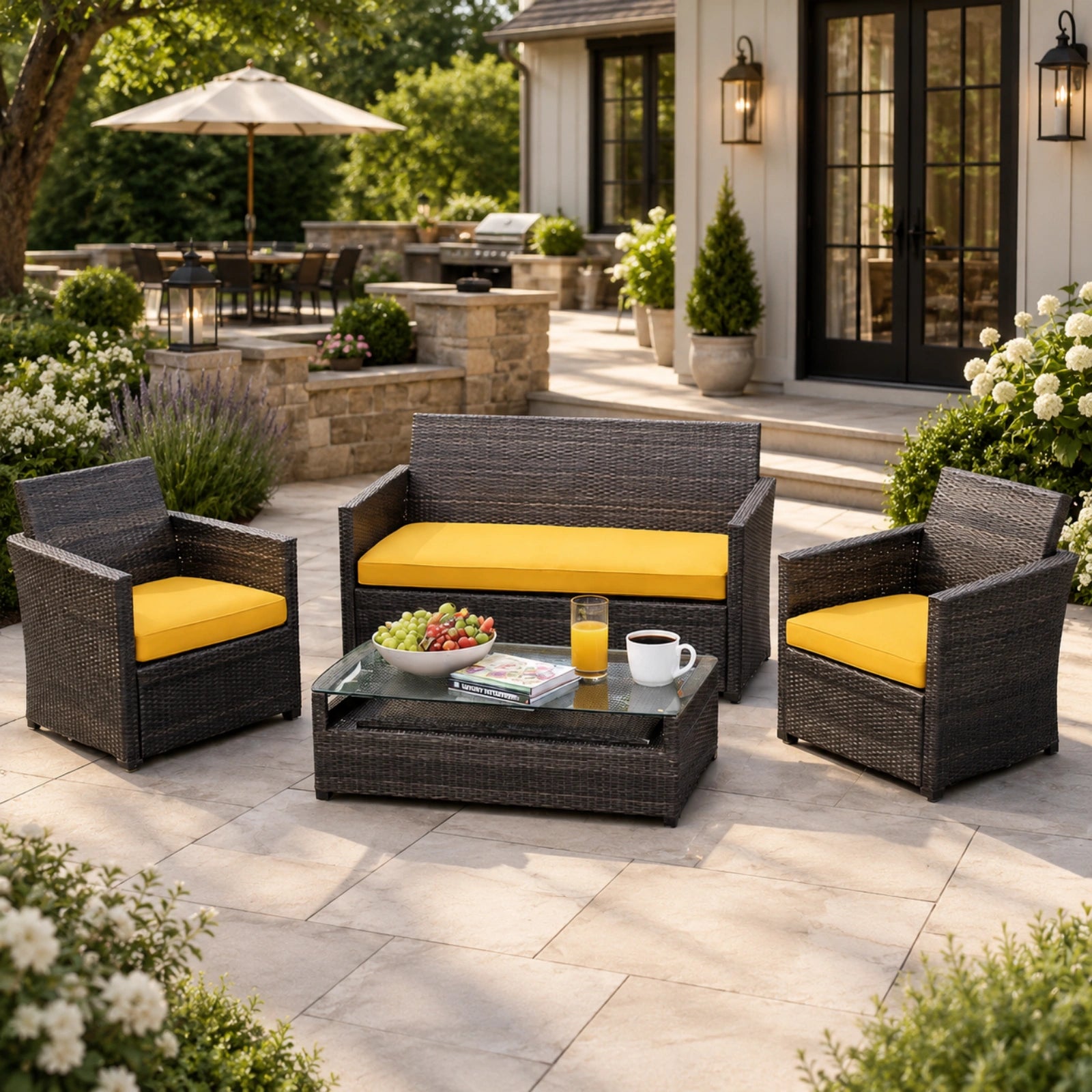 3PCS Patio Seat Cushion Set-Yellow-