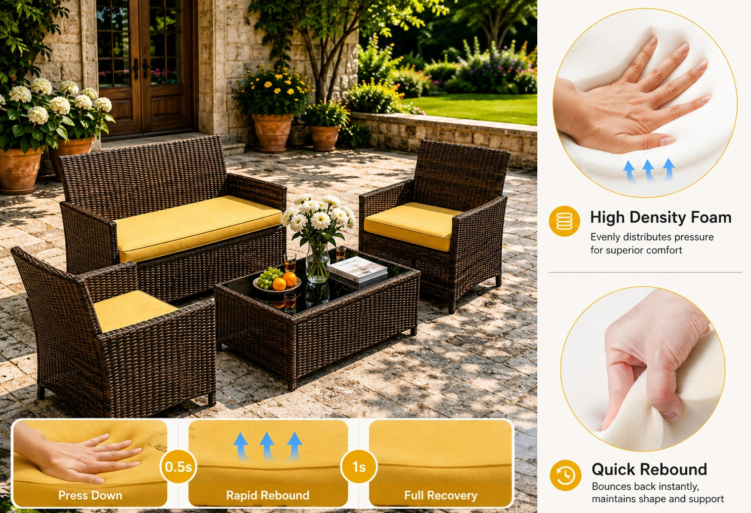 3pcs Outdoor patio cushions with high density foam and quick rebound support for wicker patio furniture, designed to maintain shape and comfort.