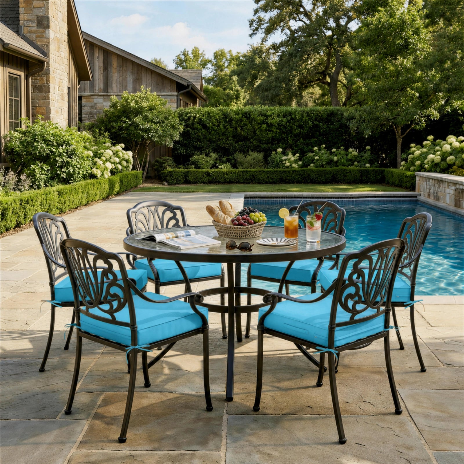 6 Pack Outdoor Seat Cushions-Aqua Blue