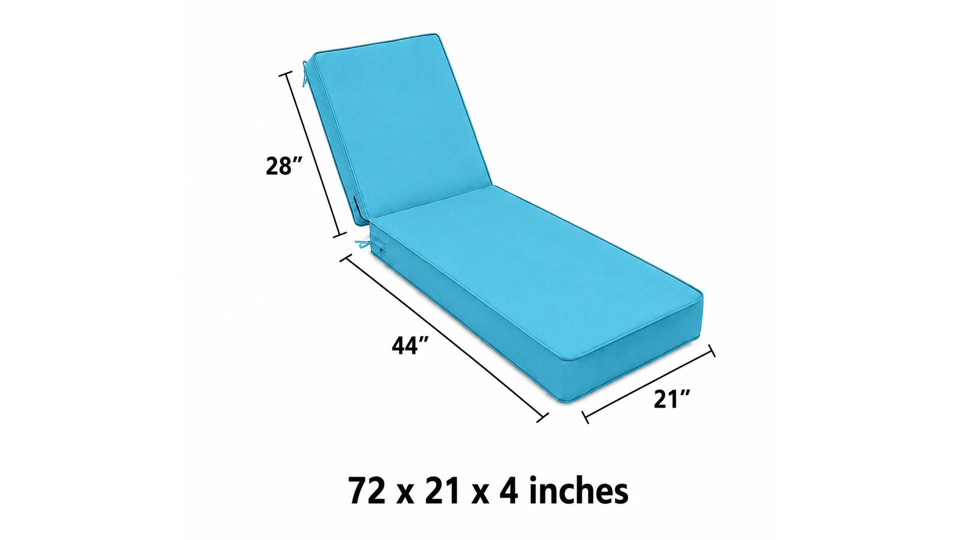 Blue chaise lounge cushion measuring 72 x 21 x 4 inches, with a 28-inch backrest, 44-inch seat length, and 21-inch width.