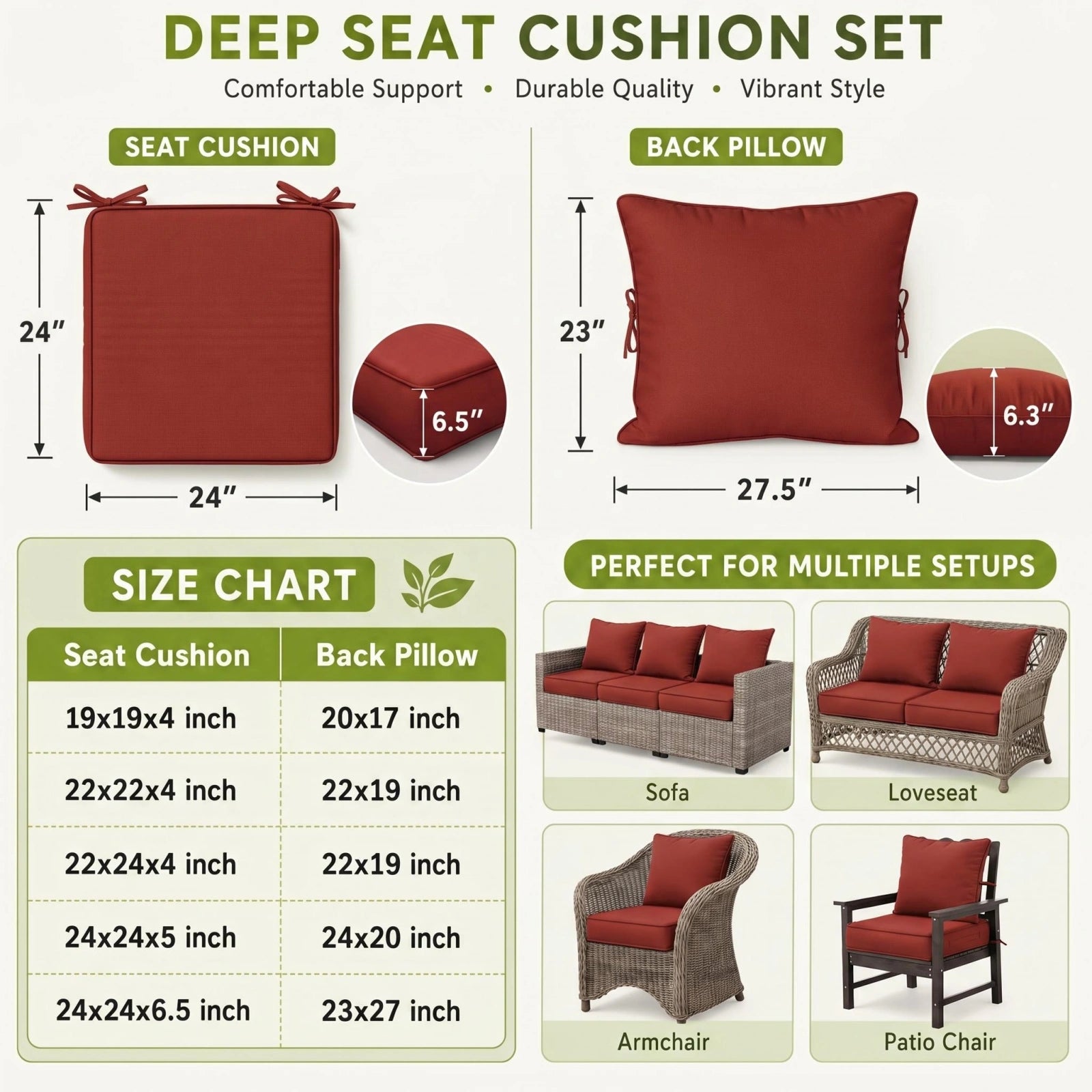 2 Pack Outdoor Deep Seat Cushion Pillow Set