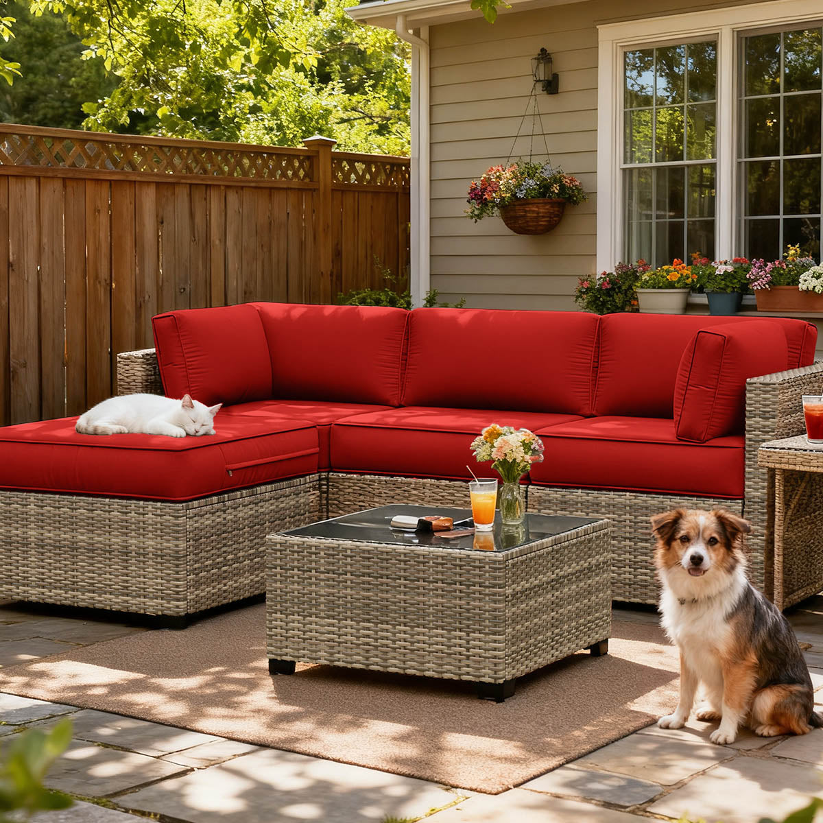 9PCS Patio Sectional Cushion Set, 4 inches Red