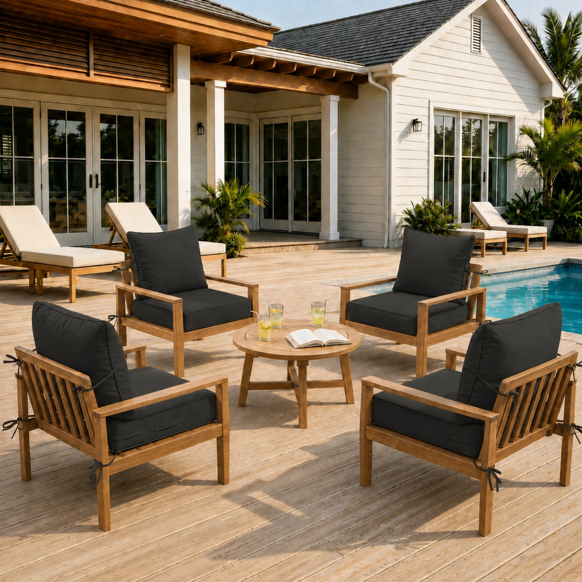 Black 4 piece outdoor deep seat cushion set arranged on patio chairs for comfortable outdoor seating.
