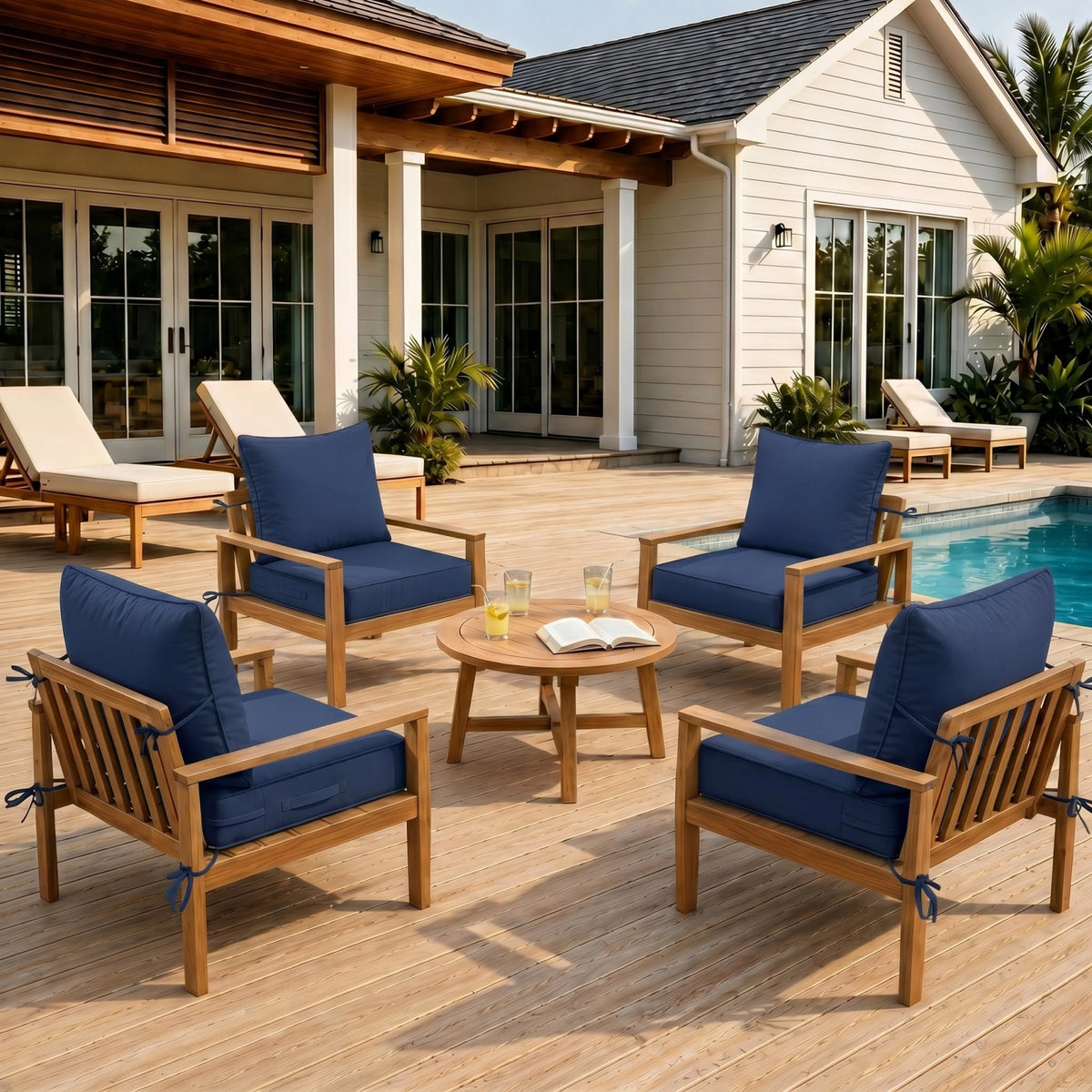 Blue 4 piece outdoor deep seat cushion set arranged on patio chairs for comfortable outdoor seating.