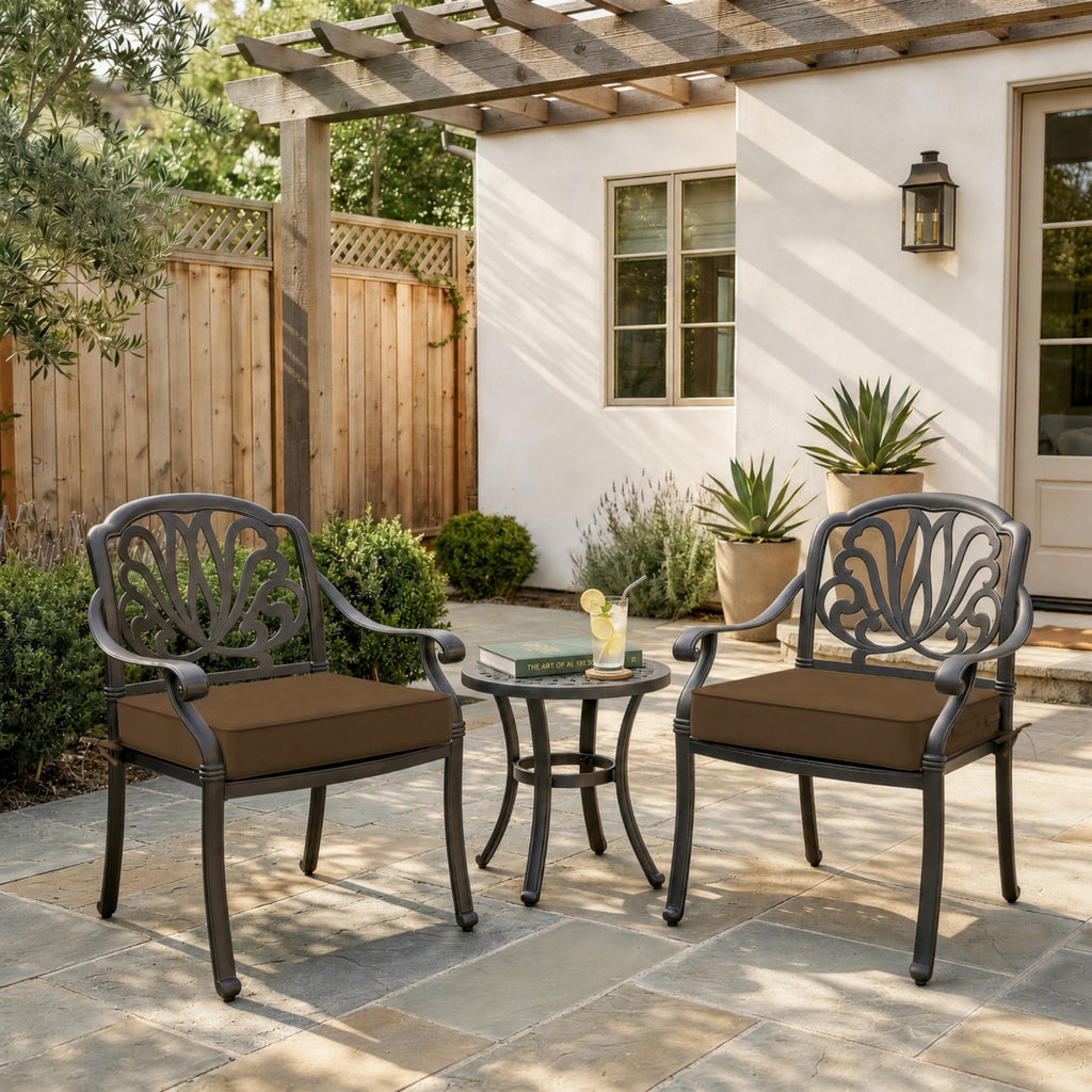 Brown outdoor seat cushions for patio chairs and outdoor furniture.