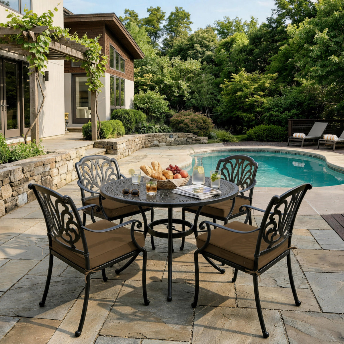 Brown outdoor seat cushions on patio chairs with a round outdoor dining table in a backyard setting.