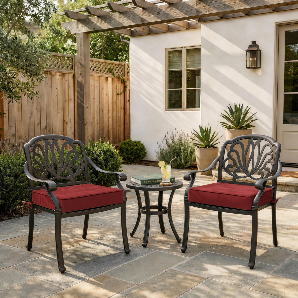 Burgundy outdoor seat cushions for patio chairs and outdoor furniture.