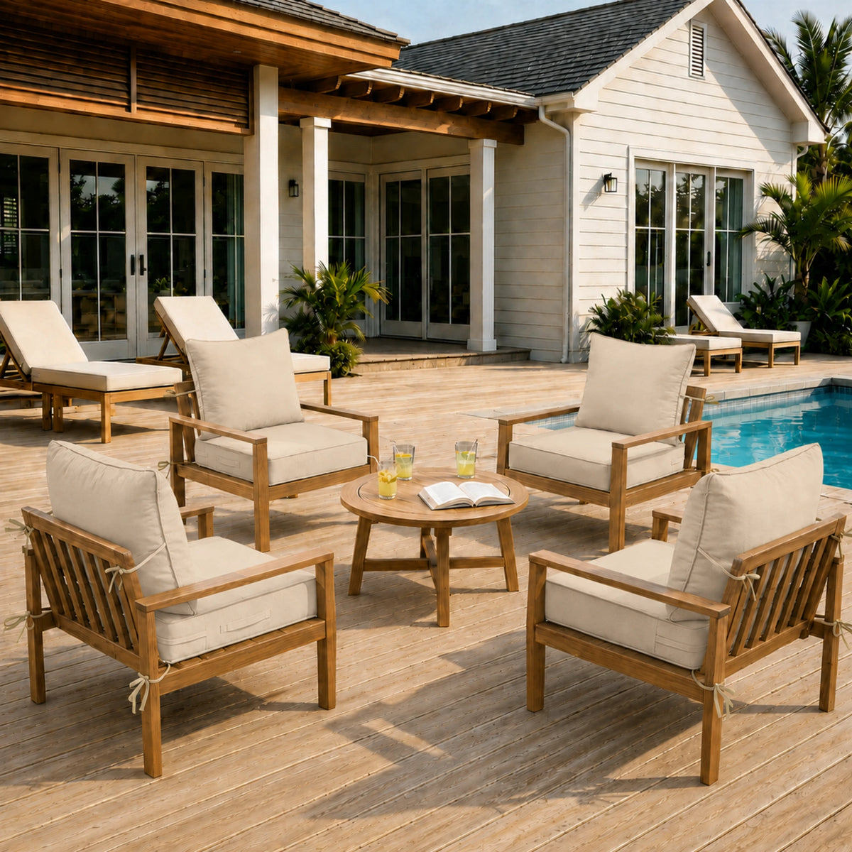 Cream 4 piece outdoor deep seat cushion set arranged on patio chairs for comfortable outdoor seating.
