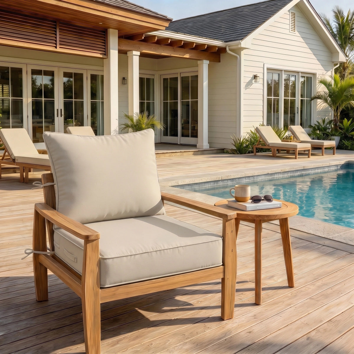 Cream outdoor deep seat cushion on patio chair with poolside outdoor furniture setting.