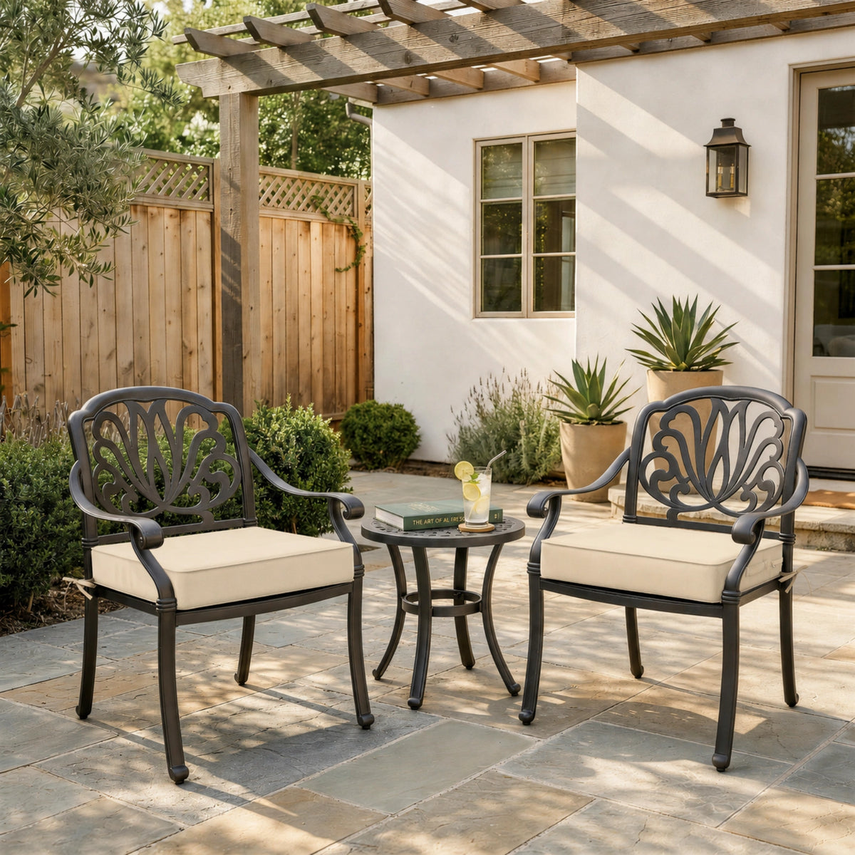 Cream outdoor seat cushions for patio chairs and outdoor furniture.