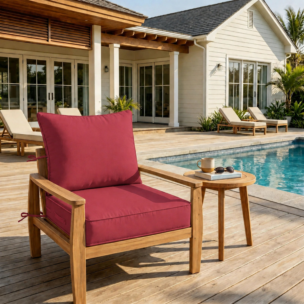Fuchsia-red outdoor deep seat cushion on patio chair with poolside outdoor furniture setting.