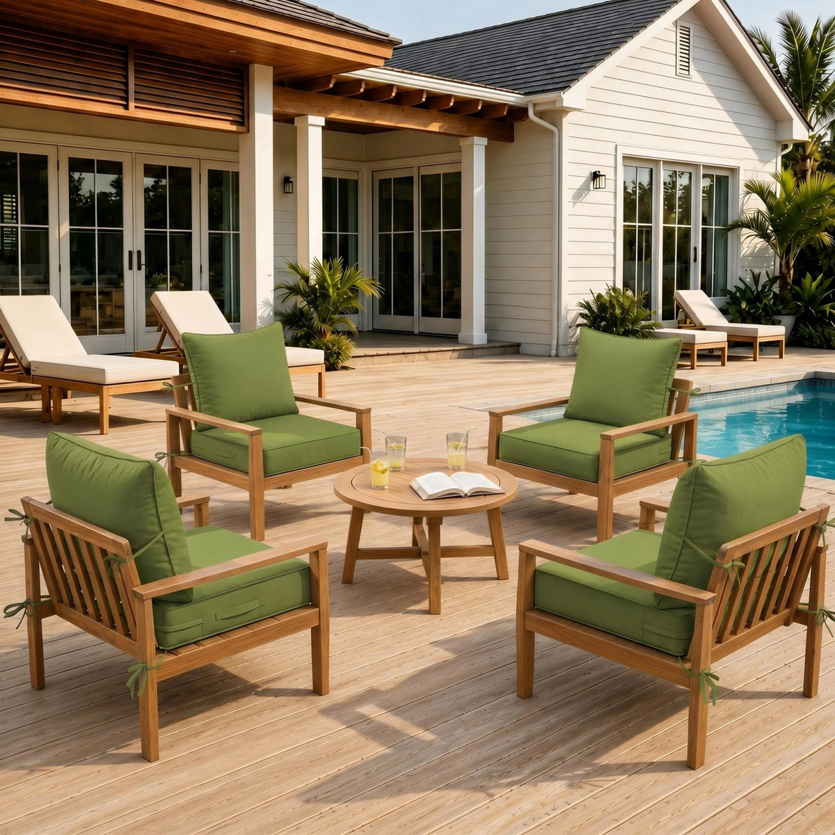 Light Green 4 piece outdoor deep seat cushion set arranged on patio chairs for comfortable outdoor seating.