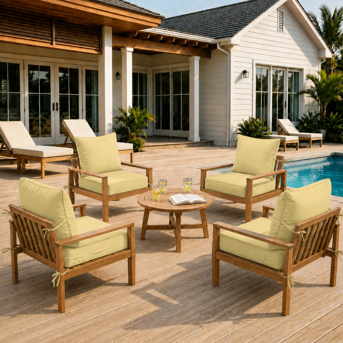 Light yellow 4 piece outdoor deep seat cushion set arranged on patio chairs for comfortable outdoor seating.