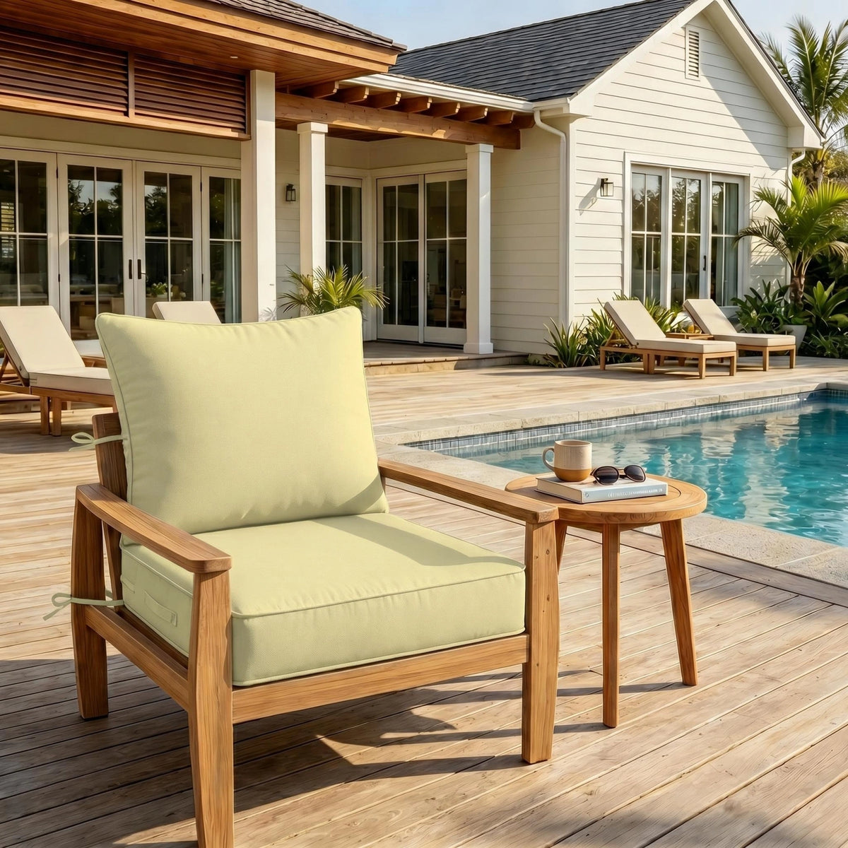Light-yellow outdoor deep seat cushion on patio chair with poolside outdoor furniture setting.