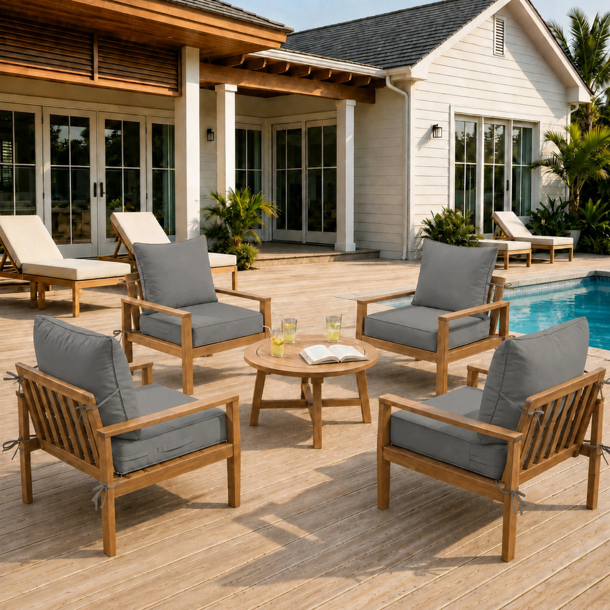 Light Gray 4 piece outdoor deep seat cushion set arranged on patio chairs for comfortable outdoor seating.