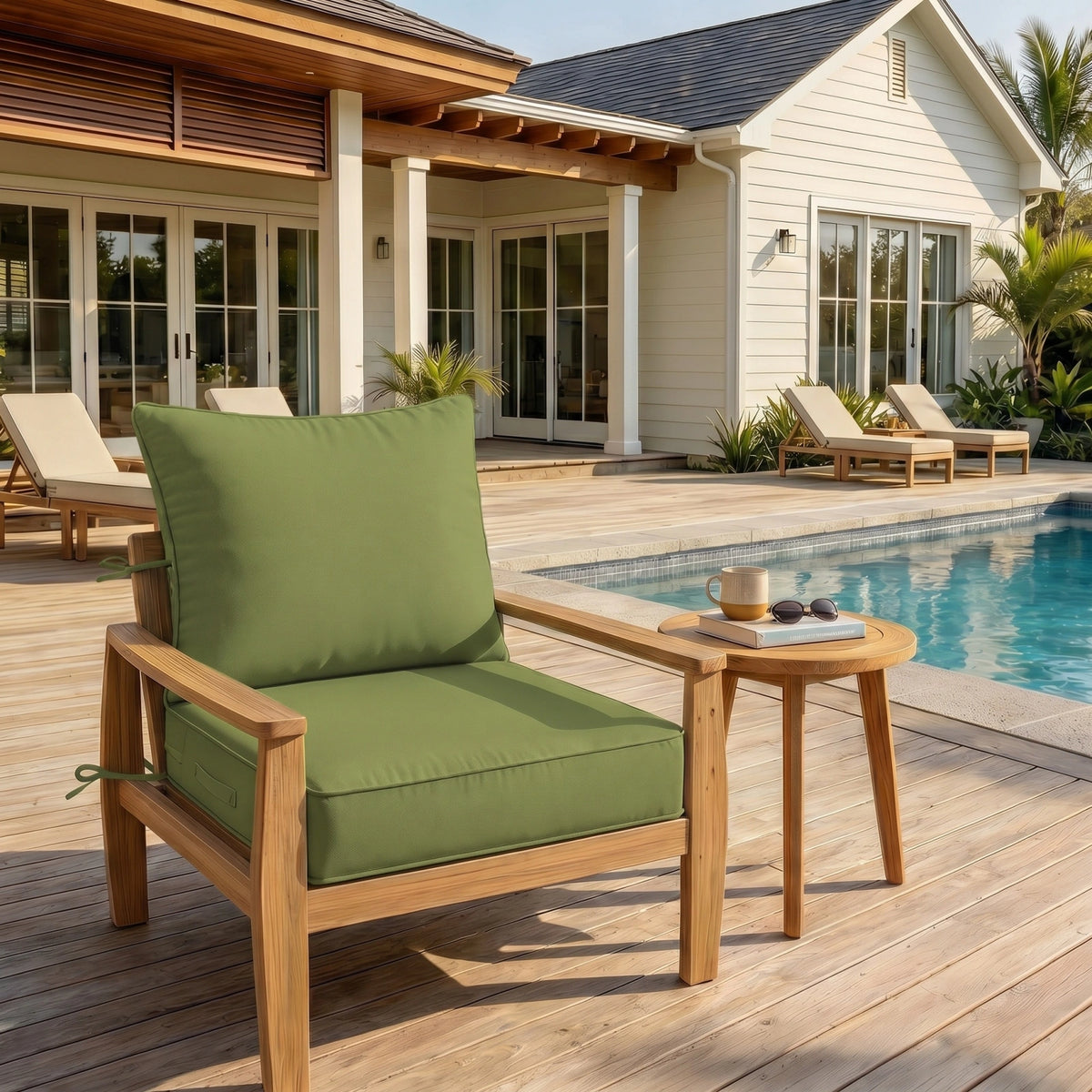 Light Greenoutdoor deep seat cushion on patio chair with poolside outdoor furniture setting.