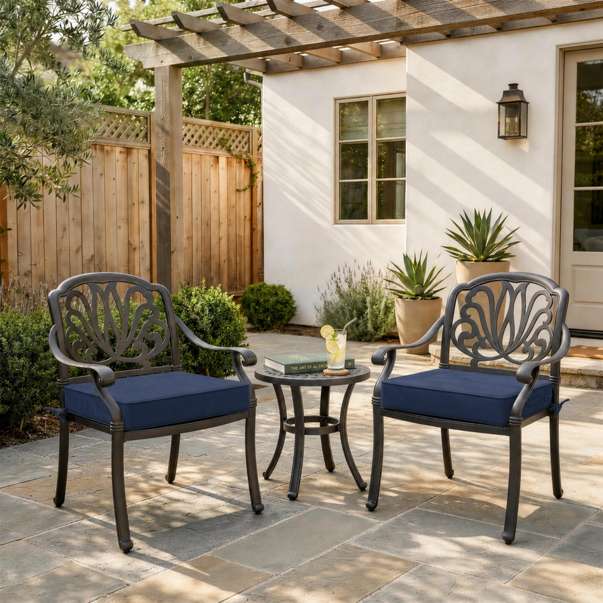Navy outdoor seat cushions for patio chairs and outdoor furniture.