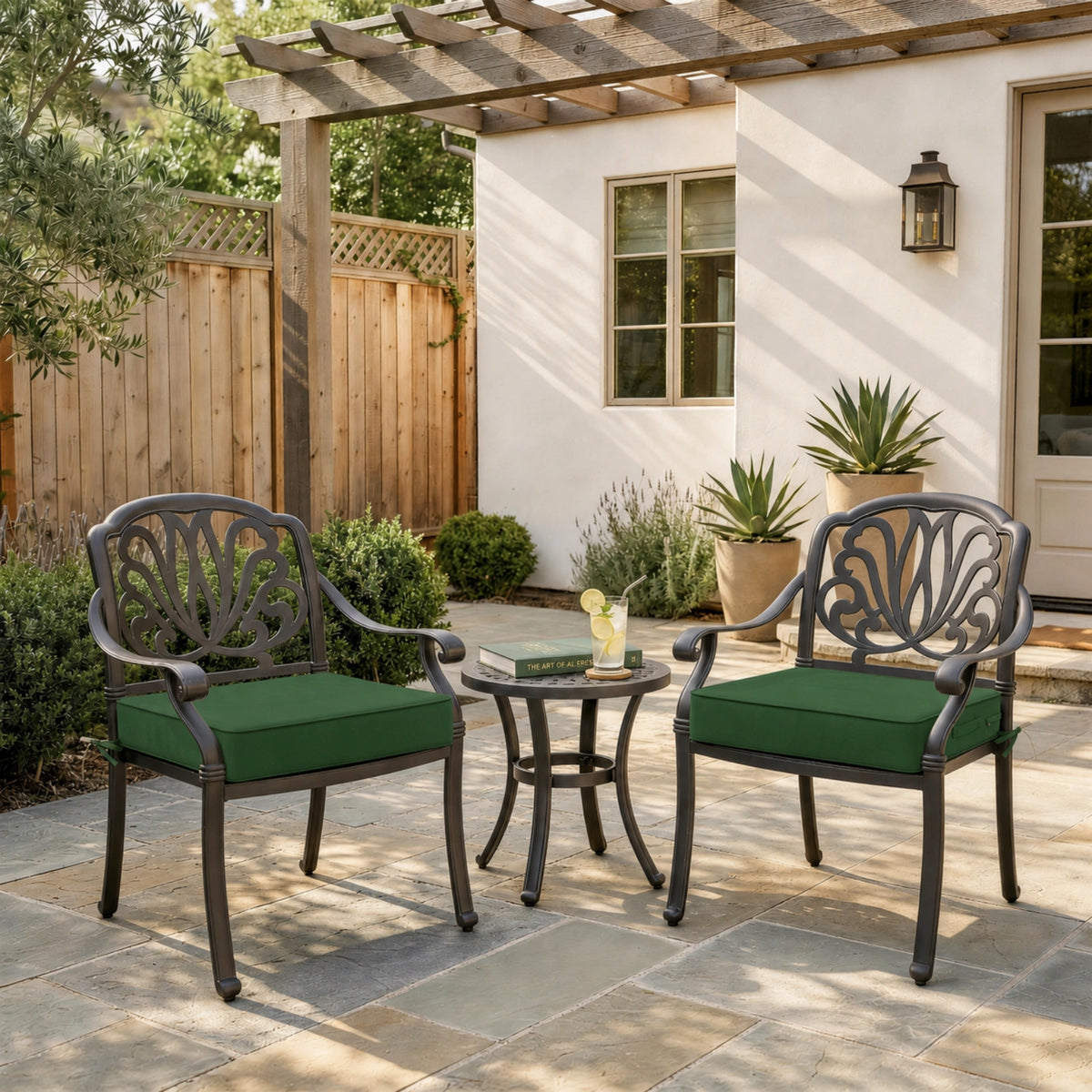 Olive Green outdoor seat cushions for patio chairs and outdoor furniture.
